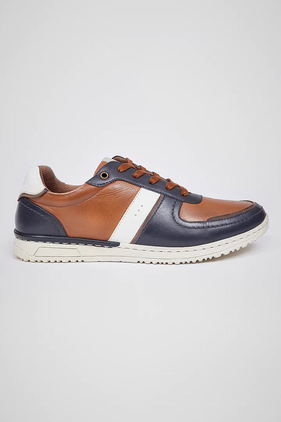 POD Ruffus Navy/Tan Casual Leather Trainer
