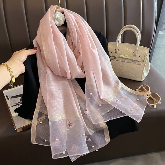 Silk Scarf with Embroidered Butterflies & Pearls - Pink