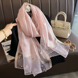 Silk Scarf with Embroidered Butterflies & Pearls - Pink
