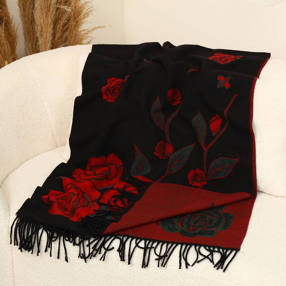 Rose Flowers Print Wool Scarf - Black/Red