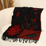 Rose Flowers Print Wool Scarf - Black/Red