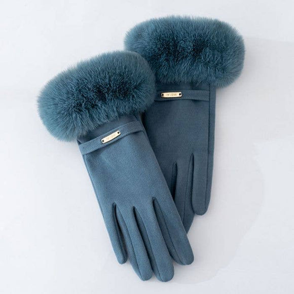 Blue Faux Fur & Belt Detail gloves