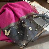 Silk Scarf with Embroidered Butterflies & Pearls - Fuchsia
