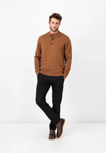 FYNCH HATTON Walnut Sweater with Button Troyer Collar