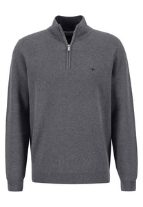 FYNCH HATTON Steel Grey Textured Cotton Sweater with Troyer Collar