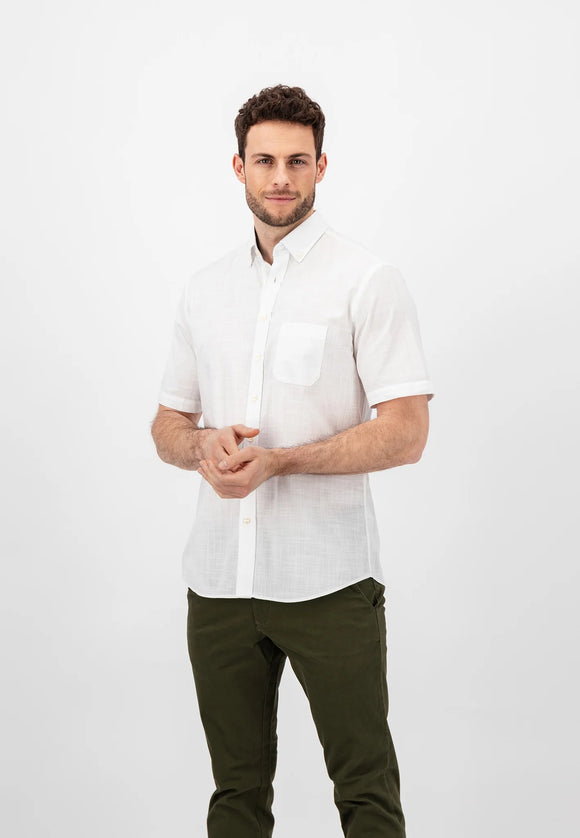 FYNCH HATTON White Slub Cotton Short Sleeve Shirt