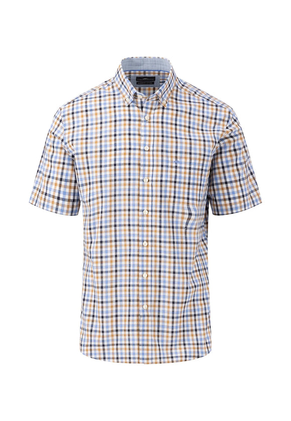 FYNCH HATTON Navy Check Short Sleeve Shirt