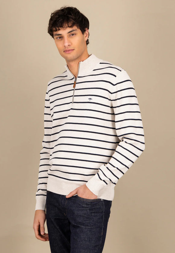 FYNCH HATTON Off White Striped Cotton Sweater