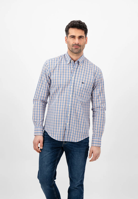 FYNCH HATTON Blue & Orange Long Sleeve Checked Shirt