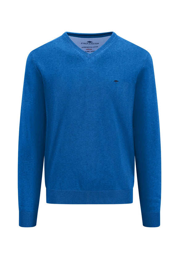 FYNCH HATTON Strong Blue Cotton V-Neck Sweater