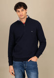 FYNCH HATTON Navy Cotton 1/4 Zip Sweater