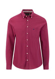 A FYNCH HATTON long-sleeve button-down shirt in a deep magenta or berry pink colour, featuring a classic pointed collar, white buttons, and a single chest pocket with a small embroidered logo. Available to buy from mooreheads.co.uk