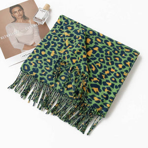 Green Exotic Leopard Print Fringed Soft Wool Feel Scarf