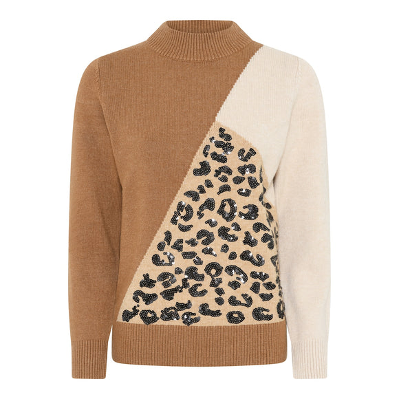 Sweater with brown and beige color block design featuring a leopard print pattern.