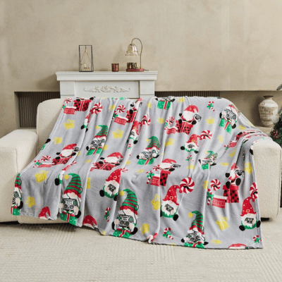 Christmas-themed blanket draped over a sofa in a living room setting.