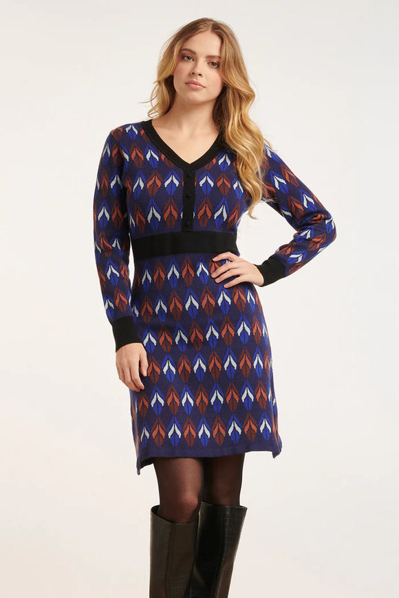 SMASHED LEMON Blue Leaf Print Knitted Dress