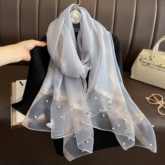 Silk Scarf with Embroidered Butterflies & Pearls - Grey
