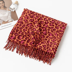 Orange Leopard Print Fringed Soft Wool Feel Scarf