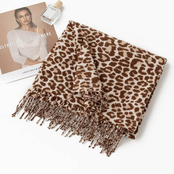 Taupe Leopard Print Fringed Soft Wool Feel Scarf