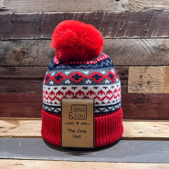 Unisex Red Nordic Cosy Bobble Hat