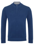 A textured navy blue DRIFTER quarter-zip sweater with a mock neck collar, shown on a plain white background.
