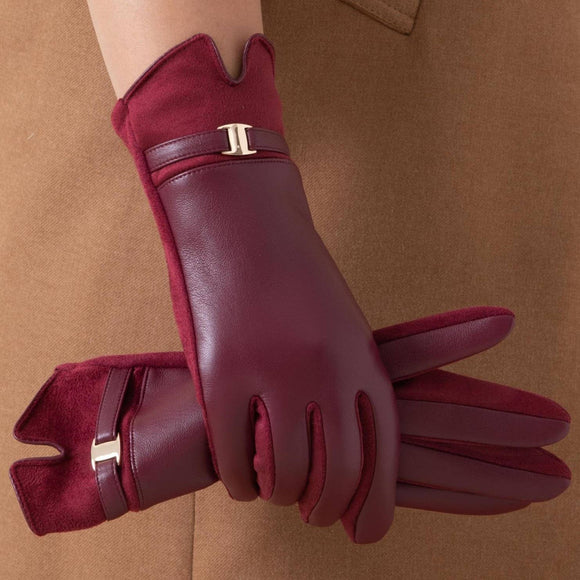 Gold Buckle Detail Faux Leather Gloves - Burgundy