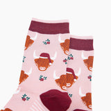 Christmas Pink/Burgundy Highland Cow Bamboo Socks