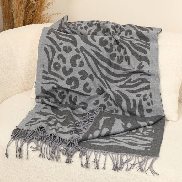 Mixed Leopard Print Wool Scarf - Silver Grey