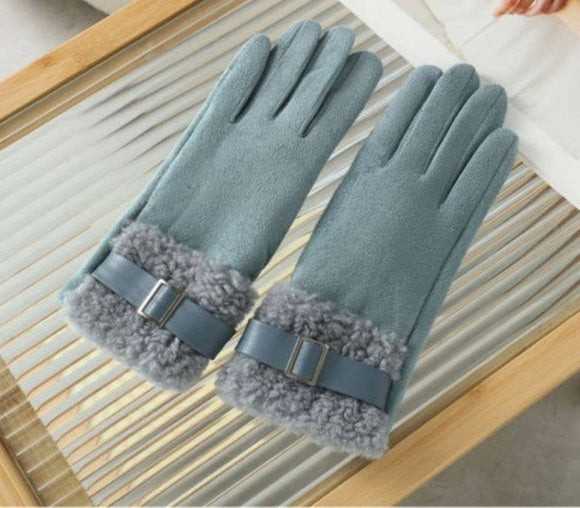 Plush Faux Fur Trim & Buckle Wool Gloves - Duck Egg Blue