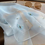 Silk Scarf with Embroidered Butterflies & Pearls - Blue