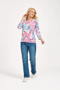 MUDFLOWER Pink Leaf Print Lightweight Jumper