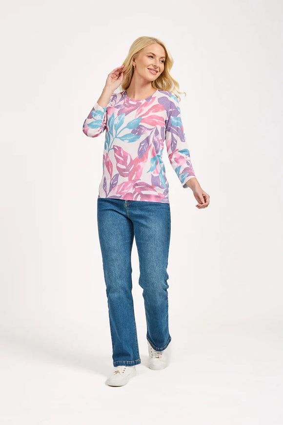 MUDFLOWER Pink Leaf Print Lightweight Jumper