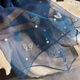 Silk Scarf with Embroidered Butterflies & Pearls - Navy