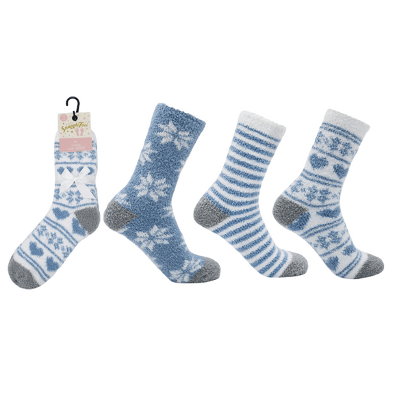 Ladies Fairisle Blue Snuggle Toes Socks 3 Pair Pack