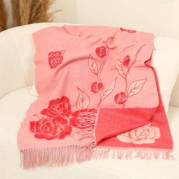 Rose Flowers Print Wool Scarf - Pink