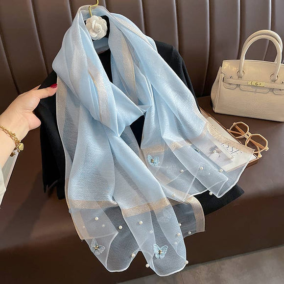 Silk Scarf with Embroidered Butterflies & Pearls - Blue
