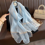 Silk Scarf with Embroidered Butterflies & Pearls - Blue