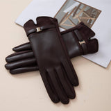 Gold Buckle Detail Faux Leather Gloves - Chocolate