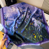 Artistic Iris Print Satin Scarf in Purple