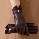Gold Buckle Detail Faux Leather Gloves - Chocolate