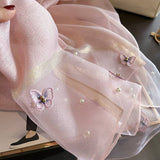 Silk Scarf with Embroidered Butterflies & Pearls - Pink