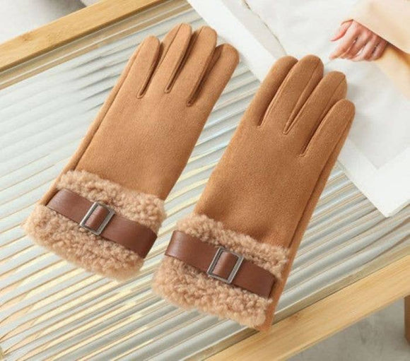 Plush Faux Fur Trim & Buckle Wool Gloves - Brown
