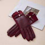 Gold Buckle Detail Faux Leather Gloves - Burgundy