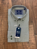 Men's dress shirt with a pattern on a wooden surface