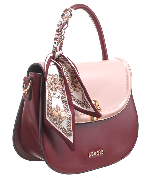 Wine Two Tone Flap Over Bag - Bessie London