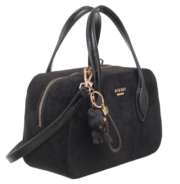 BESSIE LONDON Black Teddy Charm Suede Tote Bag