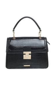 Black Croc Print Flap Over Handbag - Bessie London