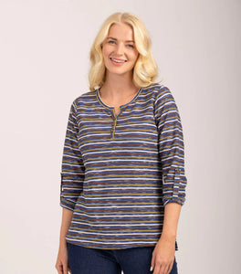 MUDFLOWER Blue Stripe Notch Neck Top