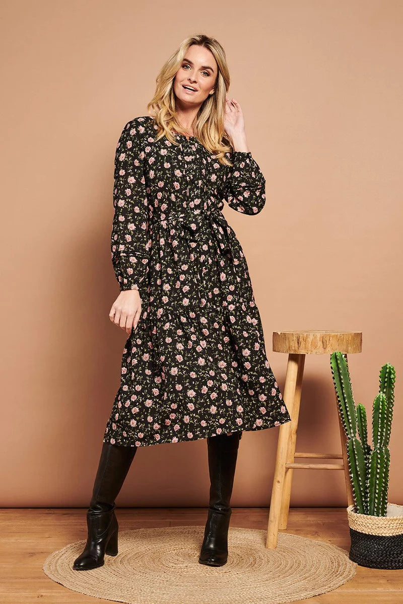 SMASHED LEMON Black Pink Floral Print Dress Mooreheads
