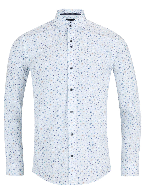 REMUS UOMO Blue & White Leaf Print Shirt